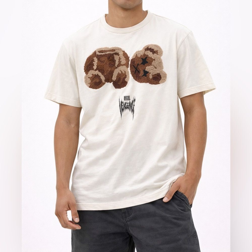Rebel Vengeance Men's Y2K Teddy Bear T Shirt Top in Cream / Brown Size Small